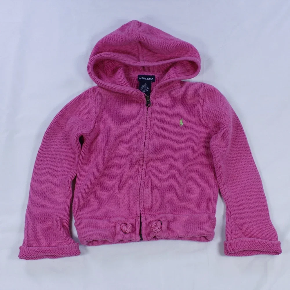 Ralph Lauren Girls' Hooded Jacket - Fuchsia Pink Knit - Size 6
